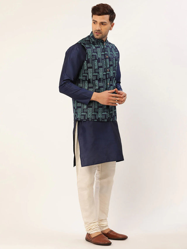 Men's Navy Blue Cotton Blend Printed Kurta Set With Jacket
