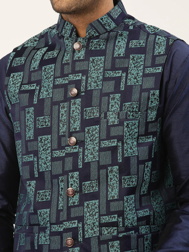 Men's Navy Blue Cotton Blend Printed Kurta Set With Jacket