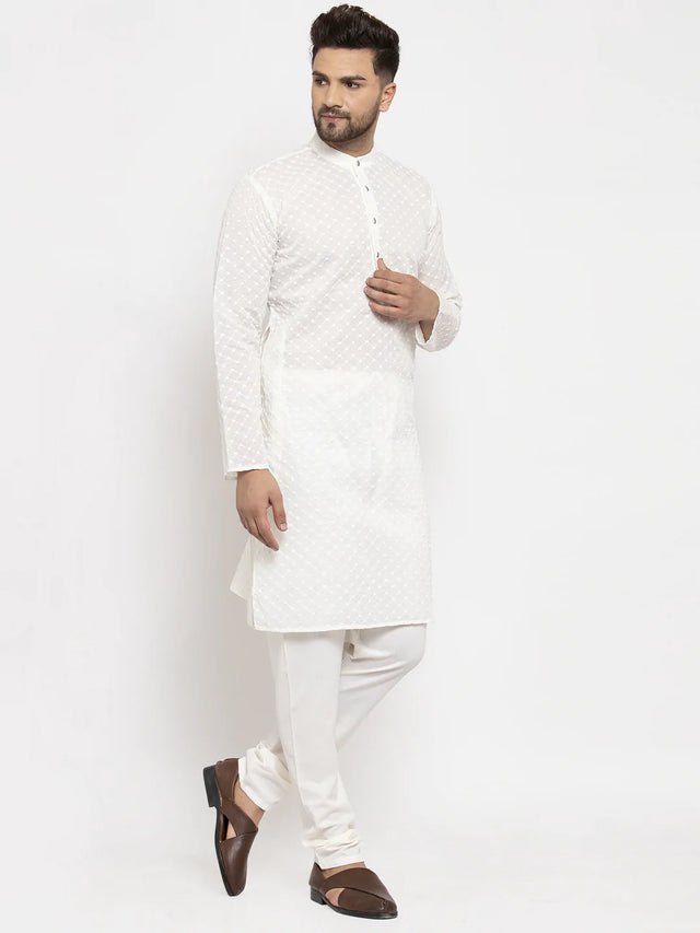 Men's Cream Cotton Embroidered Kurta Set
