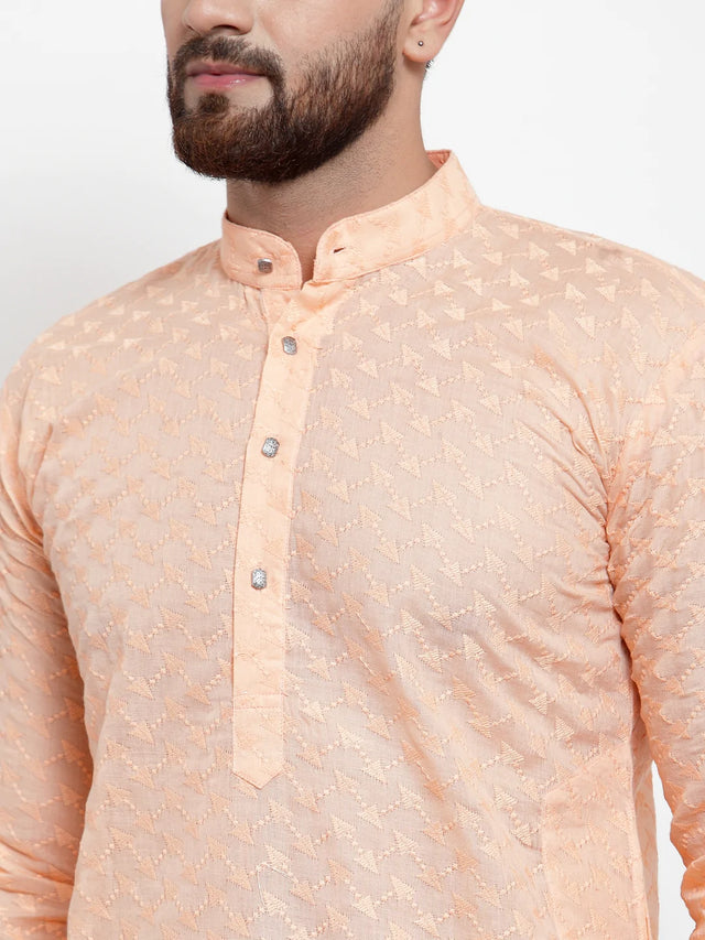 Men's Orange Cotton Embroidered Kurta Set (JOKP_561Orange)