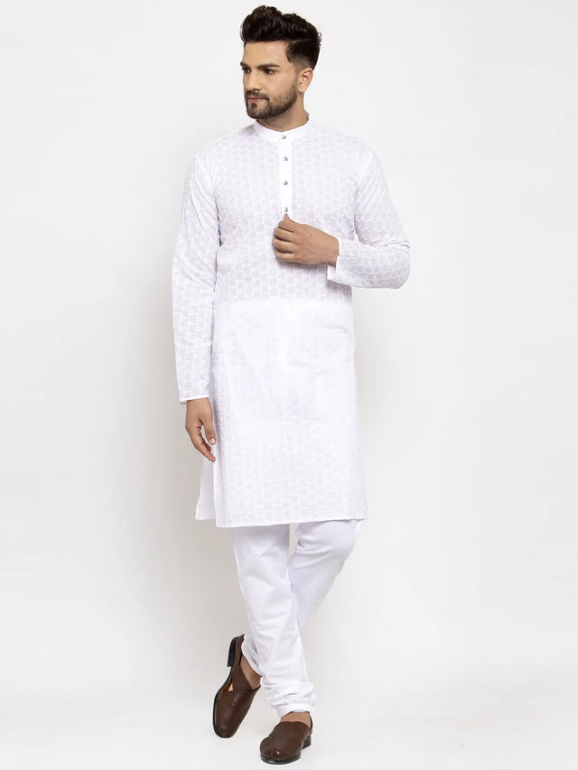 Men's White Cotton Embroidered Kurta Set