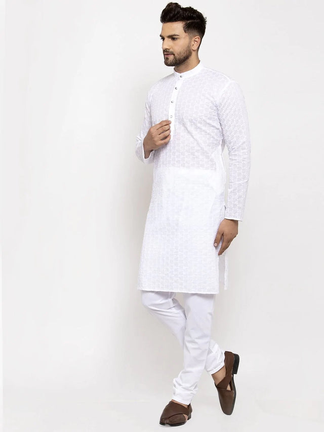 Men's White Cotton Embroidered Kurta Top