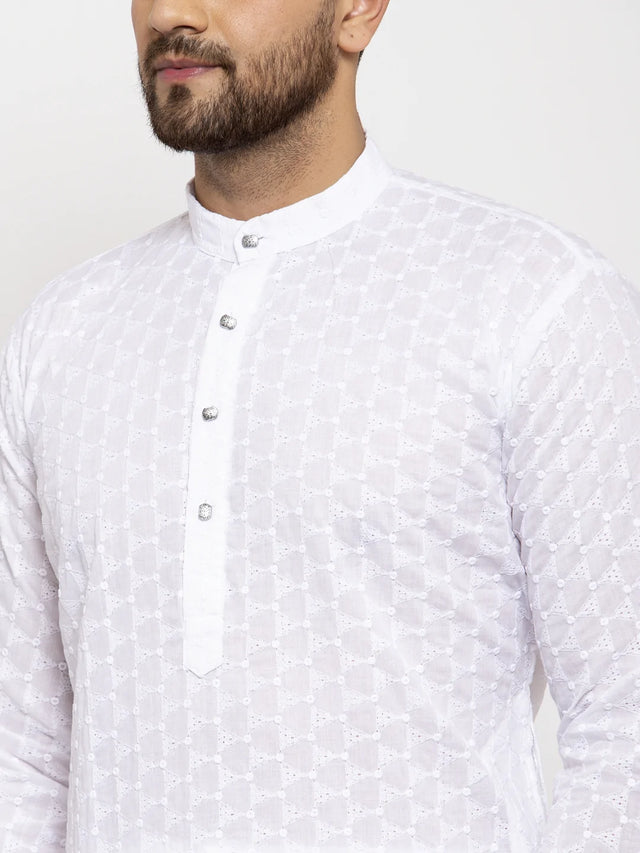 Men's White Cotton Embroidered Kurta Set