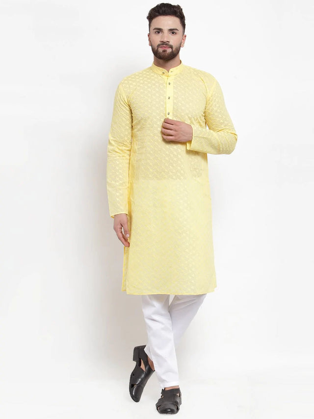 Men's Yellow Cotton Embroidered Kurta Top (KO_561Yellow)