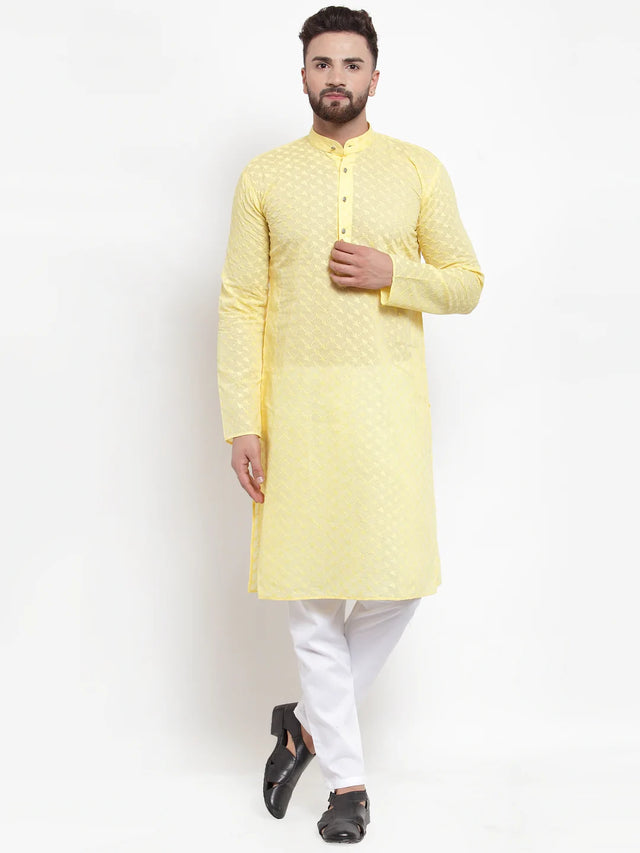 Men's Yellow Cotton Embroidered Kurta Set (JOKP_561Yellow)