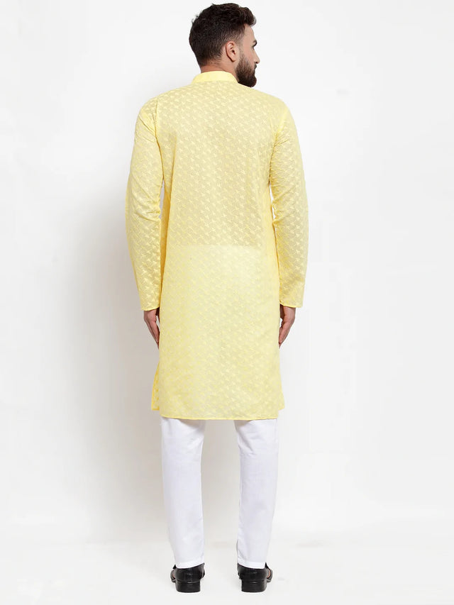 Men's Yellow Cotton Embroidered Kurta Set (JOKP_561Yellow)