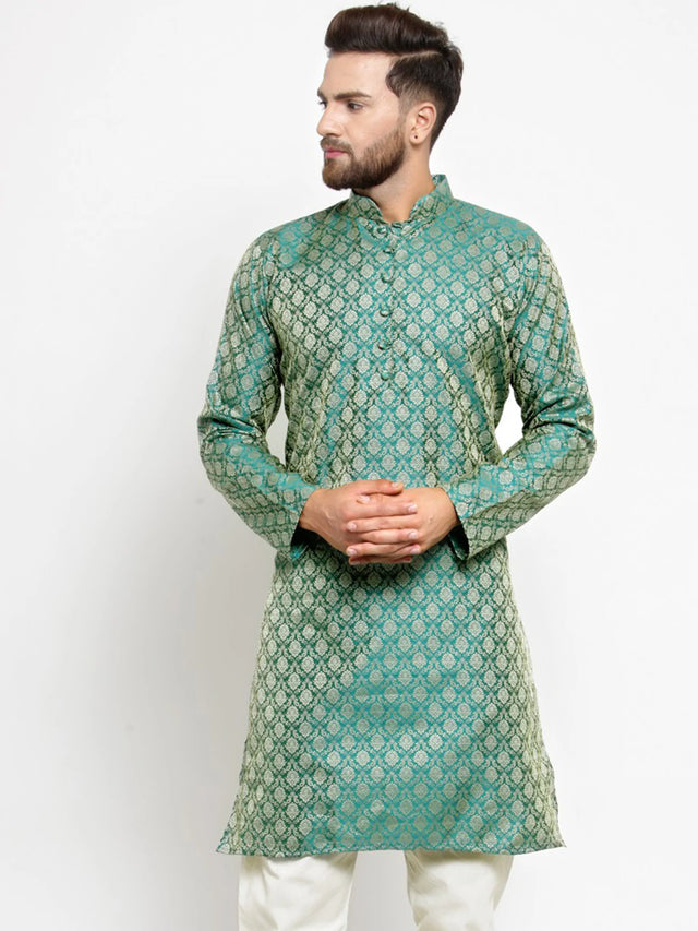 Men's Green & Beige Jacquard Silk Woven Design Kurta Top