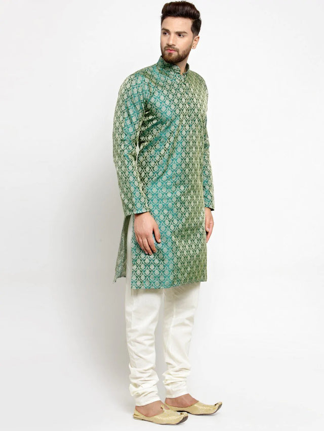 Men's Green & Beige Jacquard Silk Woven Design Kurta Set