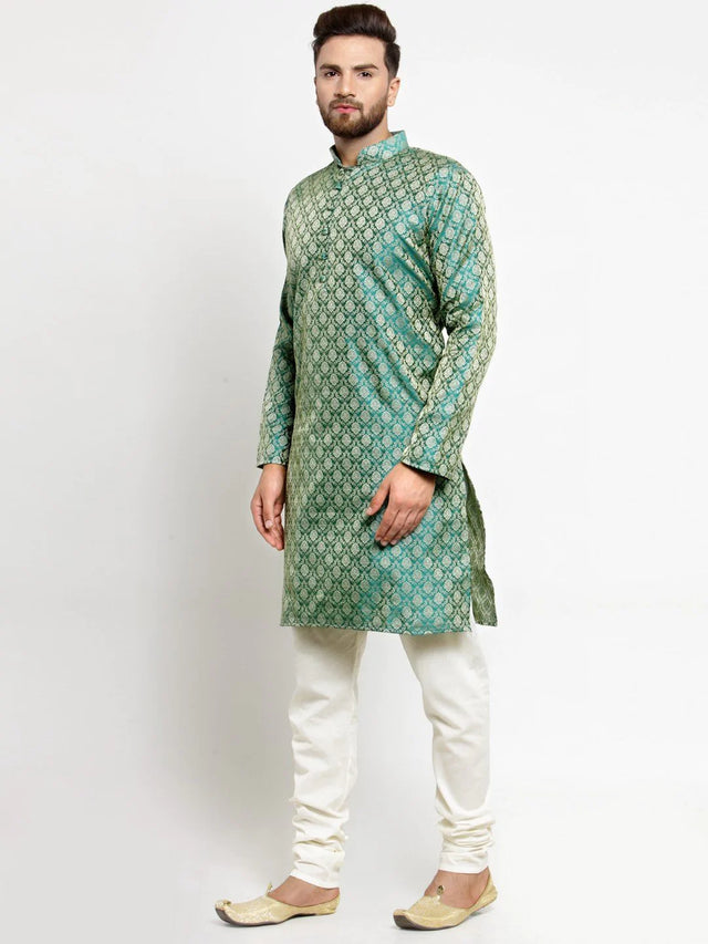 Men's Green & Beige Jacquard Silk Woven Design Kurta Top