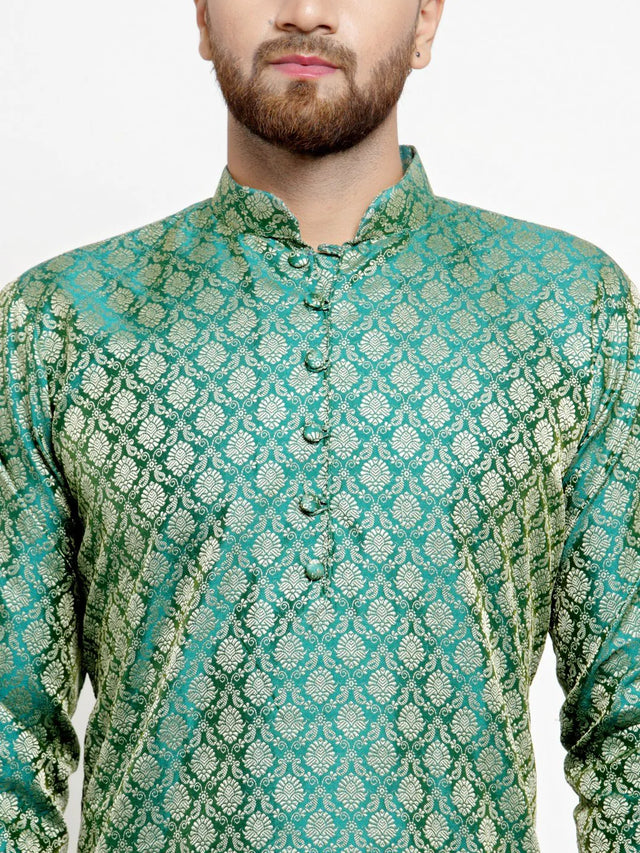 Men's Green & Beige Jacquard Silk Woven Design Kurta Set