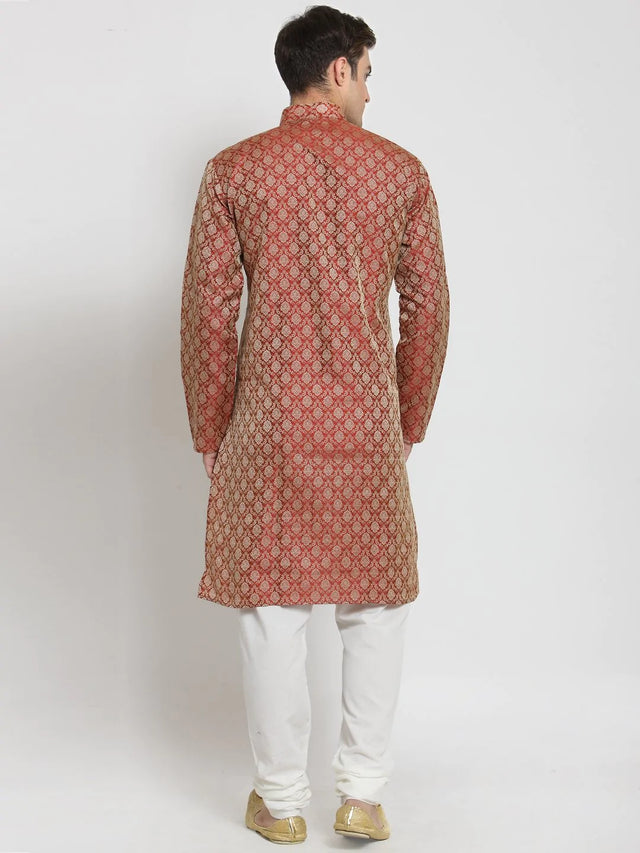 Men's Red Jacquard Silk Woven Design Kurta Set