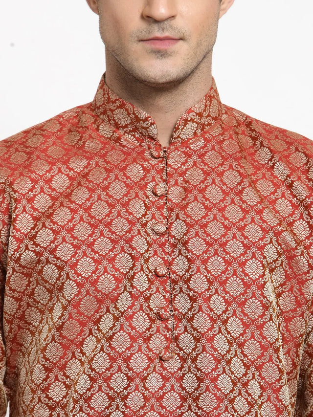 Men's Red Jacquard Silk Woven Design Kurta Set