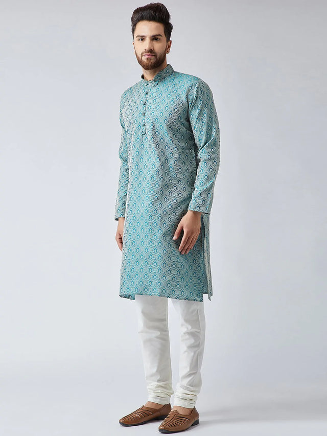 Men's Green Jacquard Silk Woven Design Kurta Top