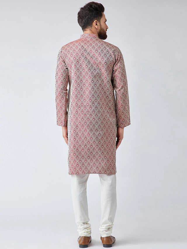 Men's Maroon Jacquard Silk Woven Design Kurta Set