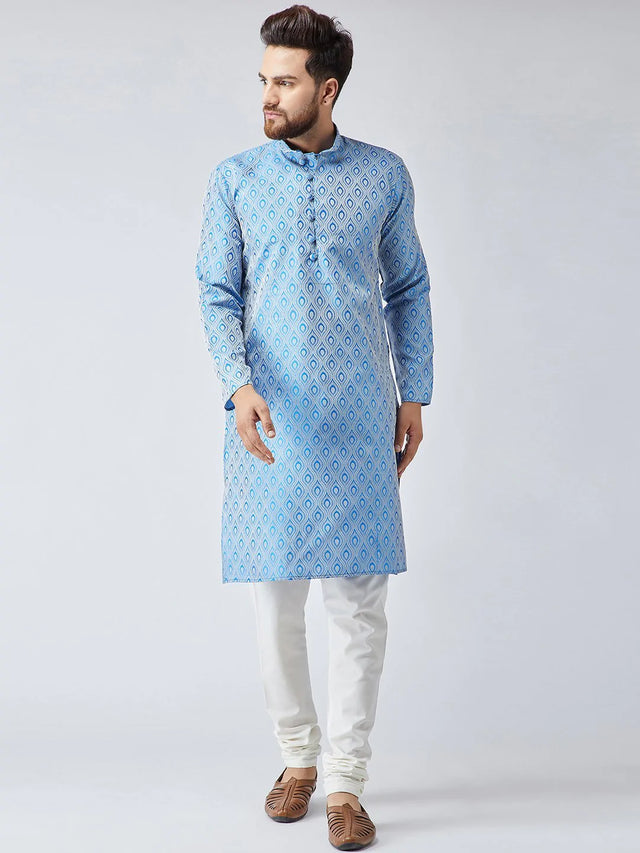 Men Sky Blue & Off-White Self Design Kurta with Churidar - Jompers