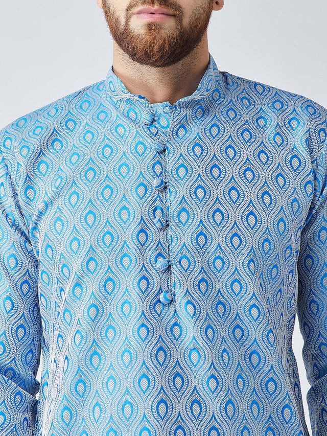 Men's Blue Jacquard Silk Woven Design Kurta Set (JOKP_569Sky)