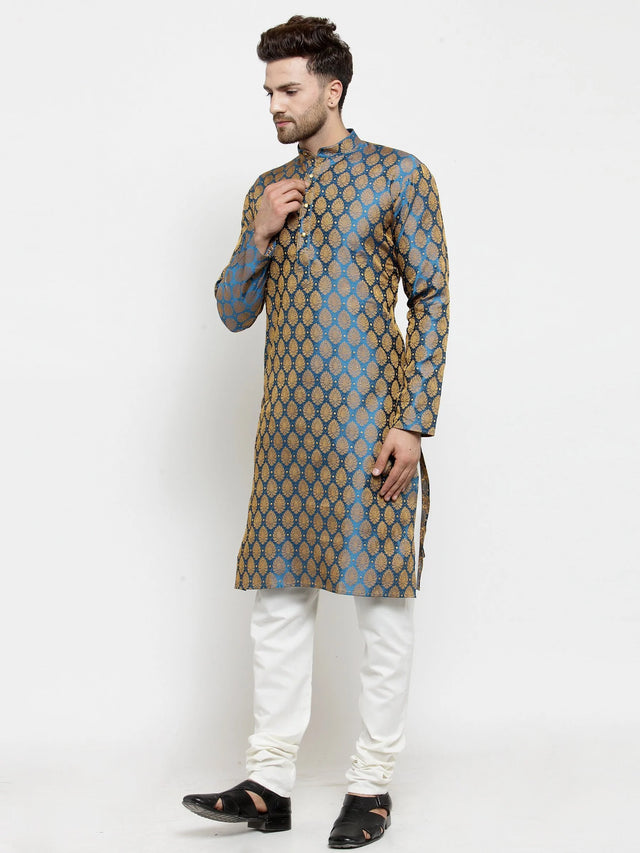 Men's Blue Jacquard Woven Kurta Top