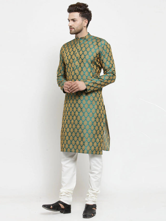 Men's Green Jacquard Woven Kurta Top