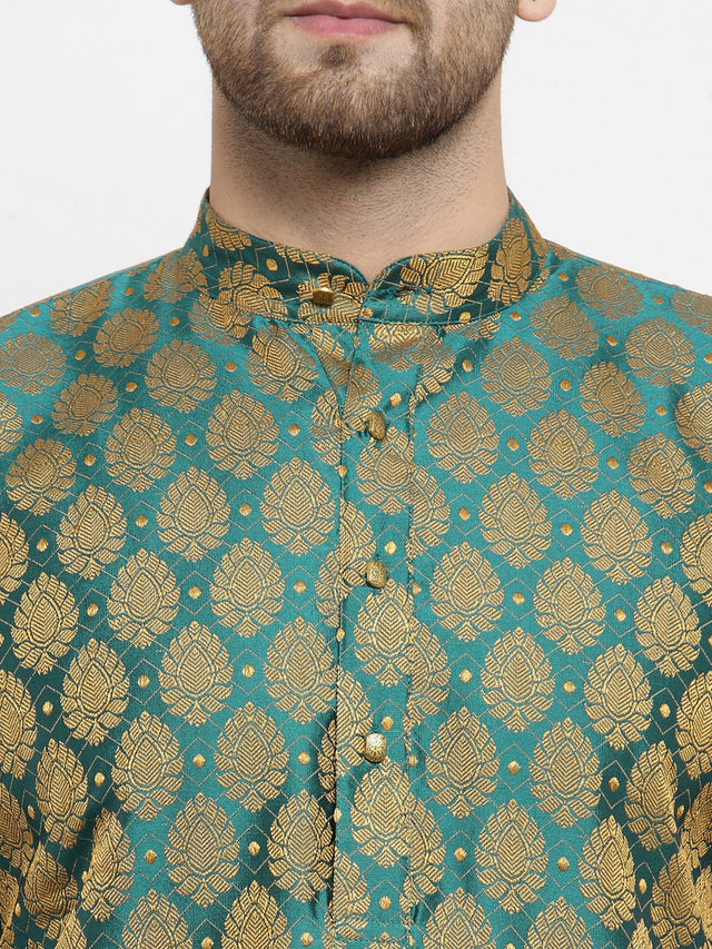 Men's Green Jacquard Woven Kurta Set