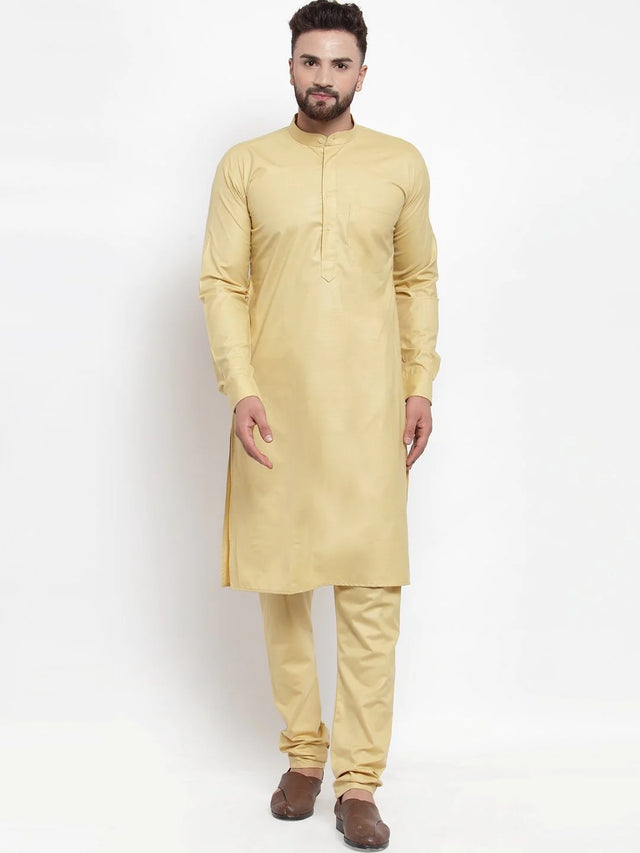 Men's Beige Cotton Solid Kurta Set