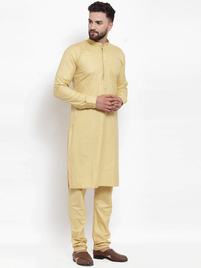 Men's Beige Cotton Solid Kurta Set