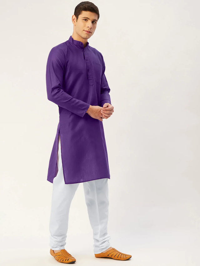 Men's Purple Cotton Blend Solid Kurta Set