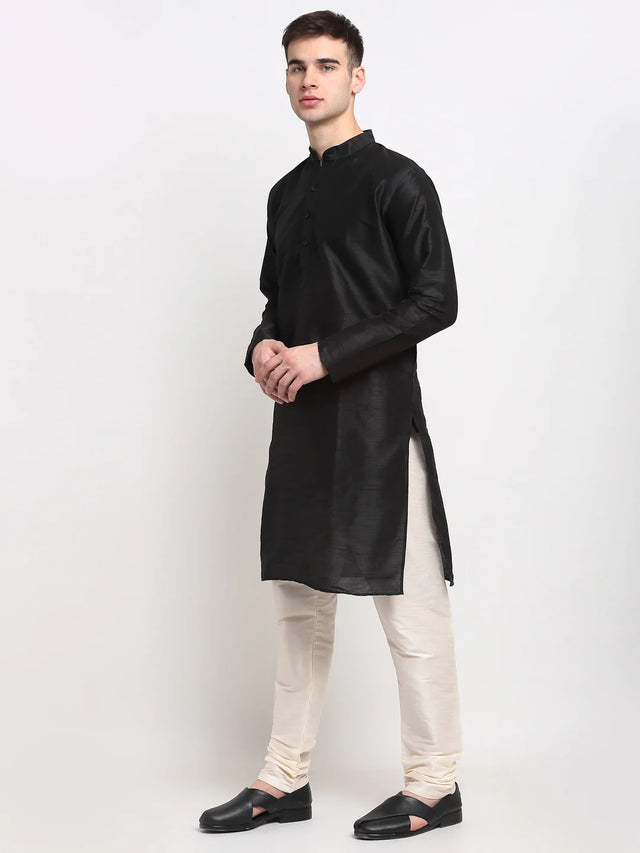 Men's Black Dupion Solid Kurta Set