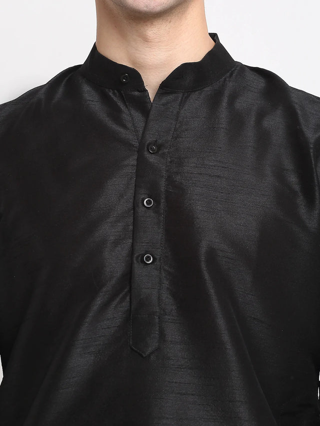 Men's Black Dupion Solid Kurta Set