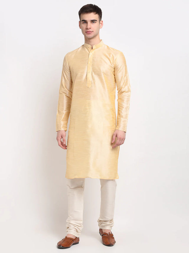 Men's Gold Dupion Solid Kurta Set (JOKP_636Golden)
