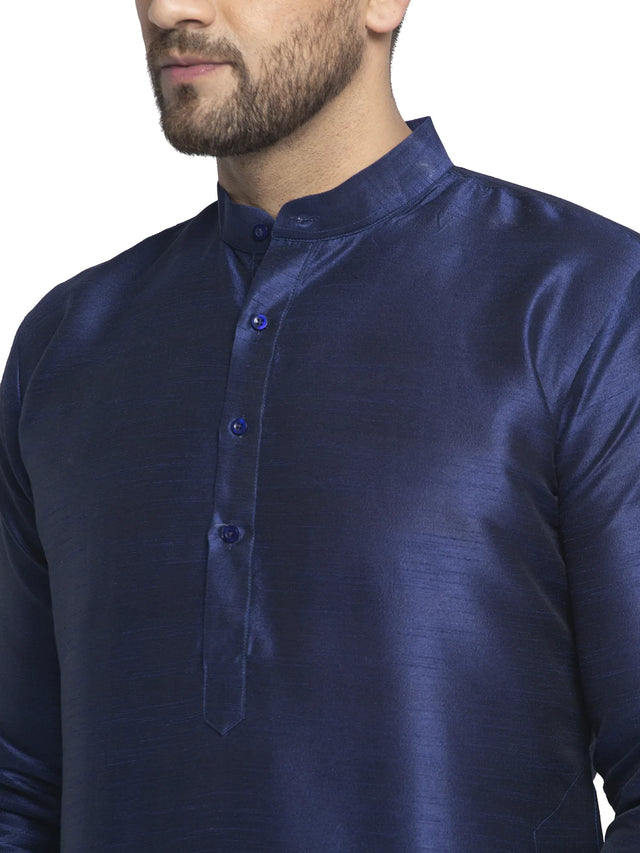 Men's Navy Blue Dupion Solid Kurta Set