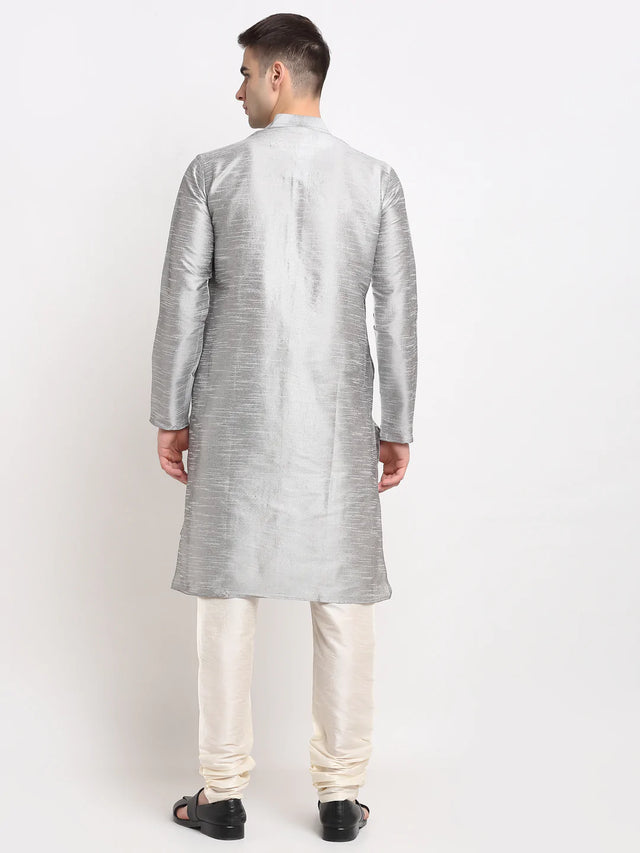 Men's Silver Dupion Solid Kurta Set