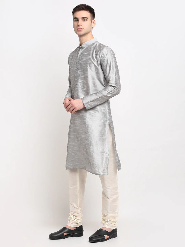 Men's Silver Dupion Solid Kurta Set