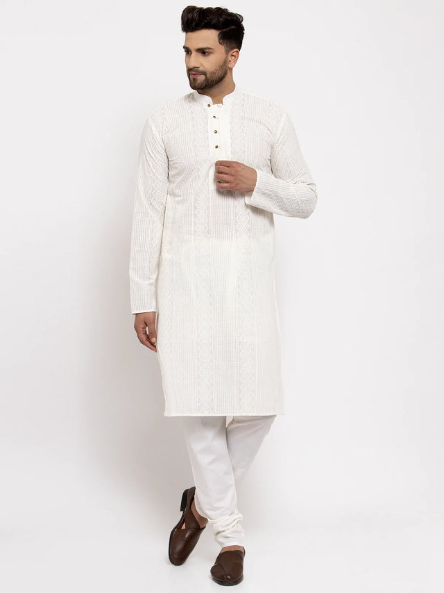 Men's Cream Cotton Embroidered Kurta Set