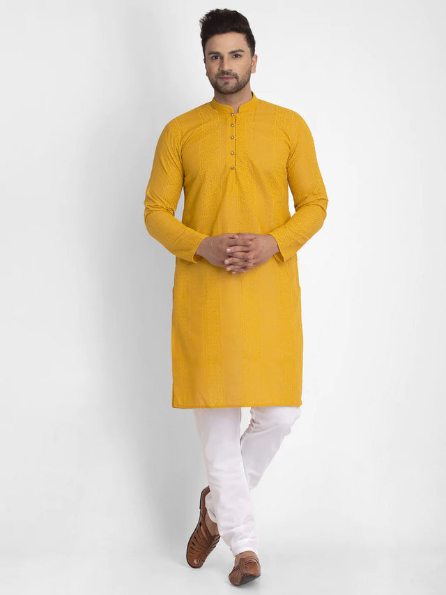 Men's Mustard Cotton Embroidered Kurta Set