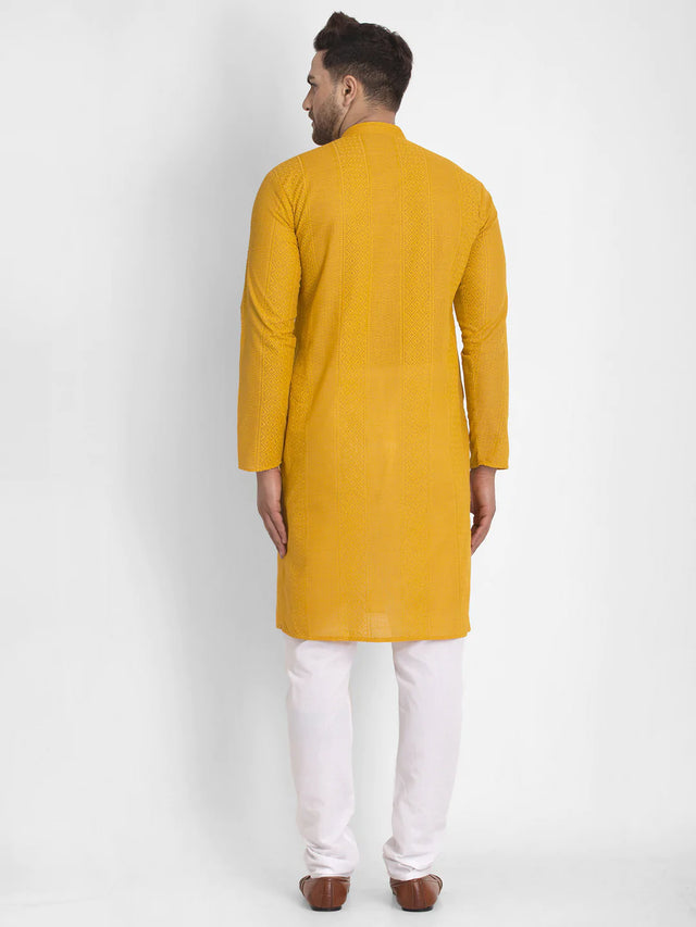 Men's Mustard Cotton Embroidered Kurta Set