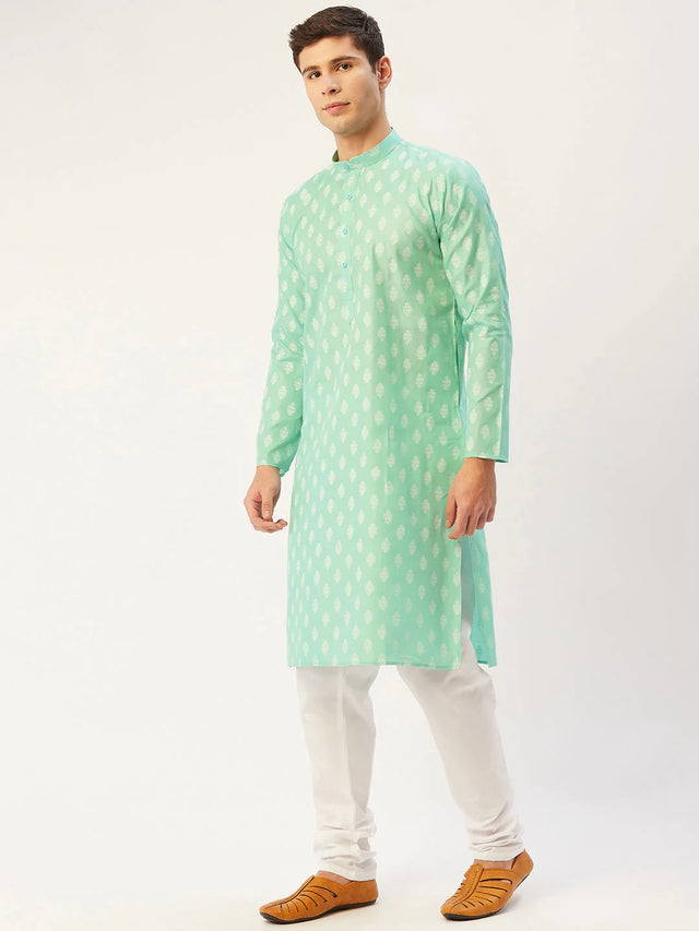 Men's Green Cotton Blend Printed Kurta Top
