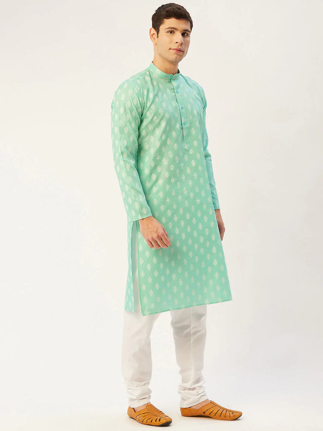 Men's Green Cotton Blend Printed Kurta Top