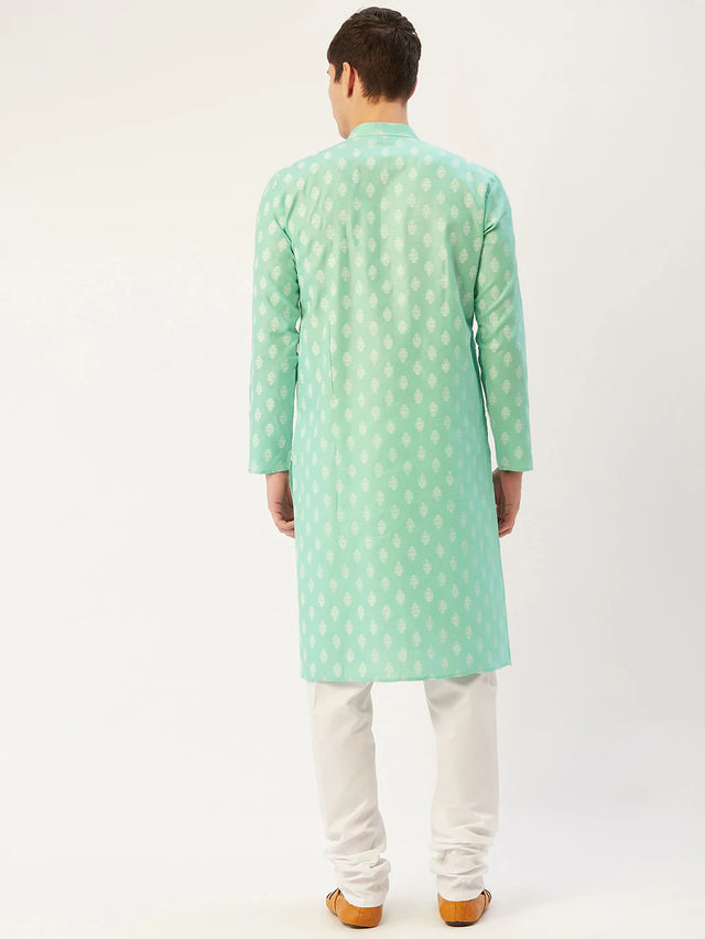 Men's Green Cotton Blend Printed Kurta Set