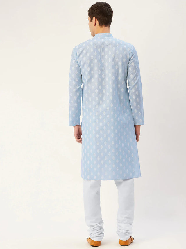 Men's Blue Cotton Blend Printed Kurta Set