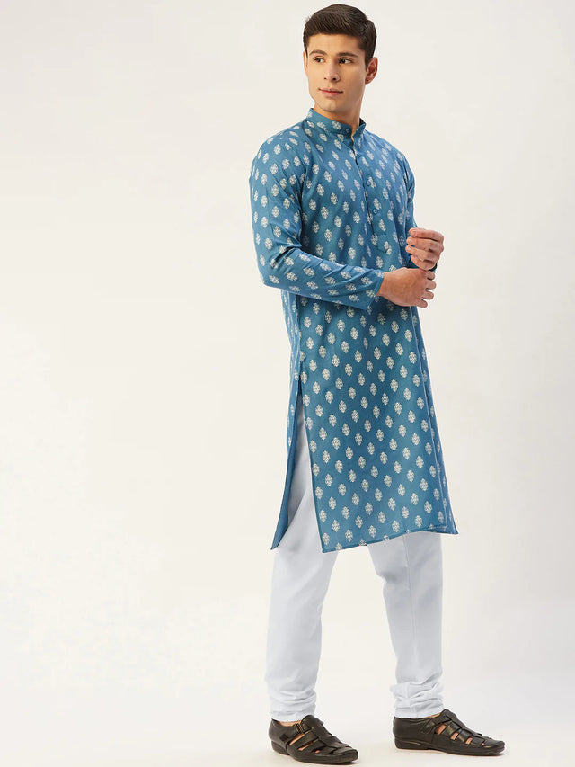 Men's Teal Cotton Blend Printed Kurta Set