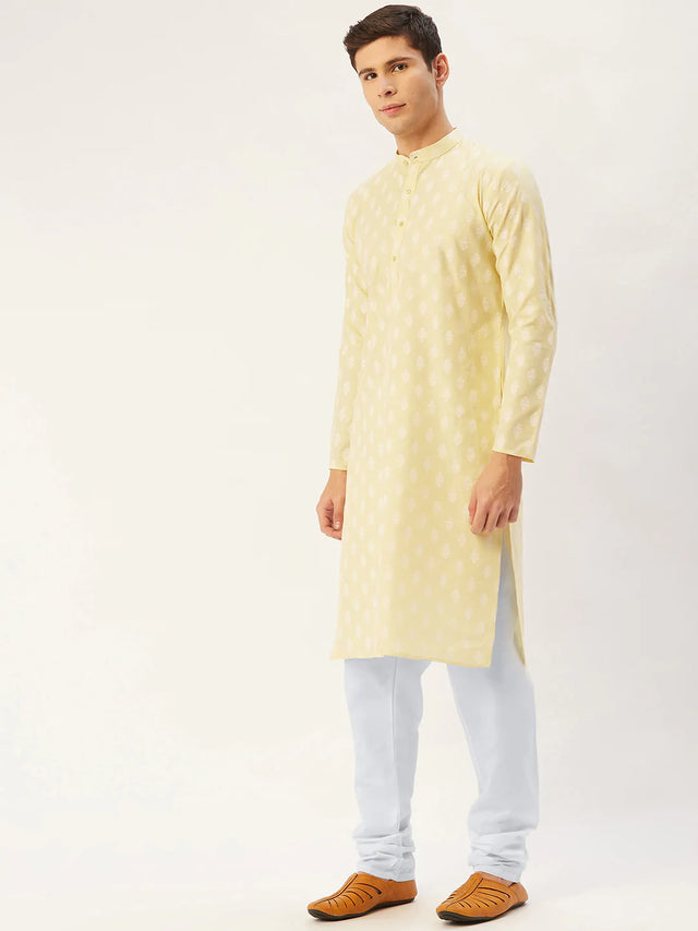 Men's Yellow Cotton Blend Printed Kurta Set (JOKP_650Yellow)