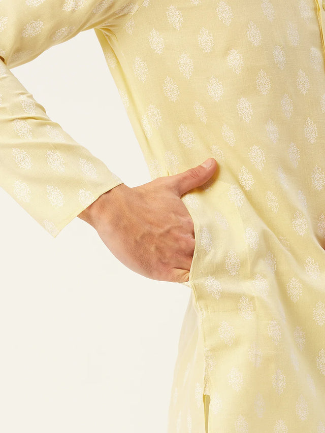 Men's Yellow Cotton Blend Printed Kurta Set (JOKP_650Yellow)