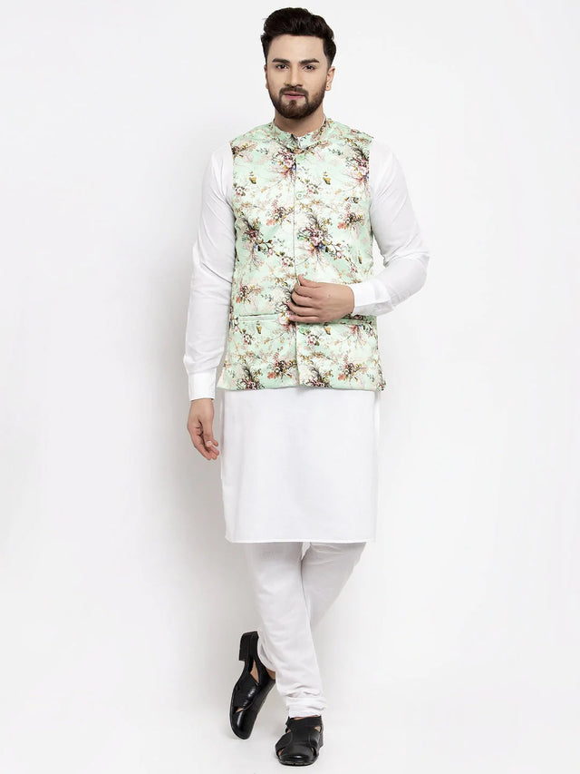 Men's Lime Silk Printed Kurta Set With Jacket (JOKP_WC_4058_Lime-W)