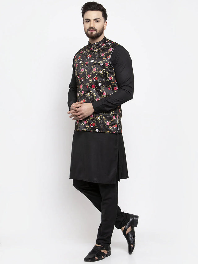Men's Black Silk Printed Kurta Set With Jacket