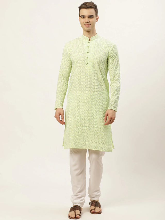 Men's Green Cotton Embellished Kurta Top