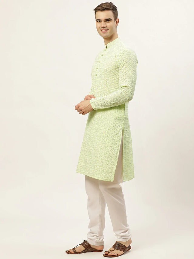 Men's Green Cotton Embellished Kurta Set
