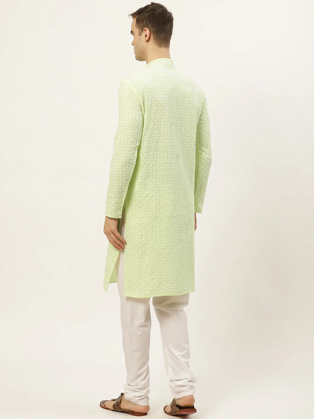 Men's Green Cotton Embellished Kurta Set