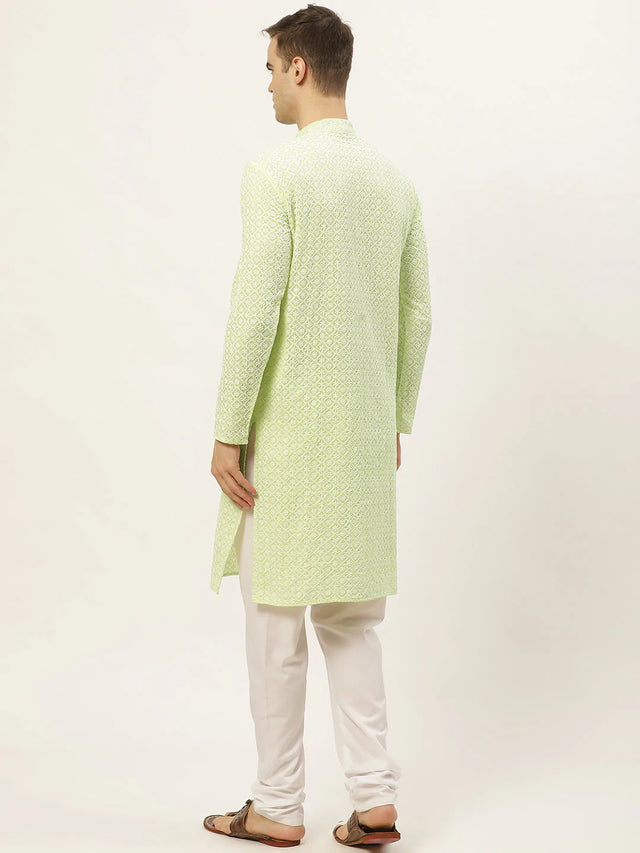Men's Green Cotton Embellished Kurta Top