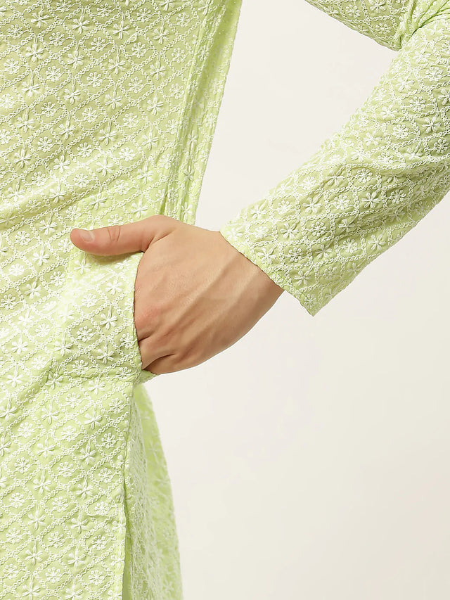 Men's Green Cotton Embellished Kurta Set