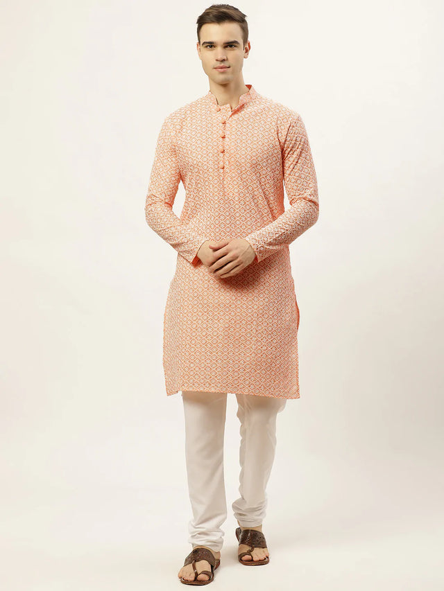 Men's Orange Cotton Embellished Kurta Set